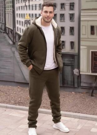 Теплий костюм на флісі з овчиною різні кольори на змійці блискавці чоловічий оверсайз...