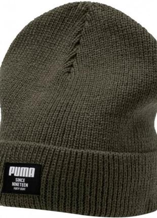 Стильна в'язана зимова шапка puma ribbed classic beanie unisex у трендовому кольорі хакі