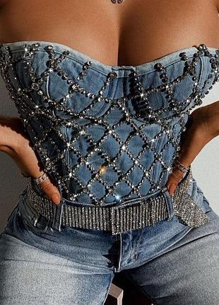 Джинсовый корсетный топ стразы камней