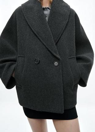 Укороченное серое шерстяное пальто оверсайз zara new2 фото