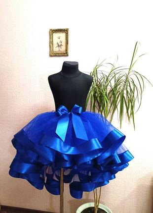 Юбка детская юбочка с бантом супер пишна спідничка фатінова синя з шлейфом
