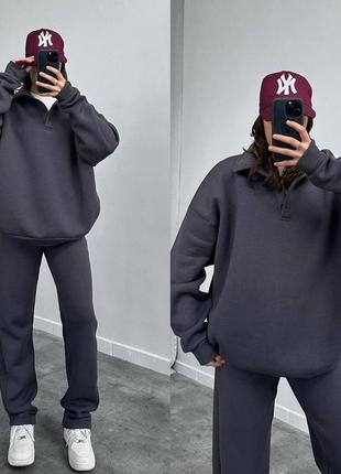 Теплые и уютные костюмы кроя oversize, спортивный костюм на флисе красный, черный, синий, серый, песочный8 фото