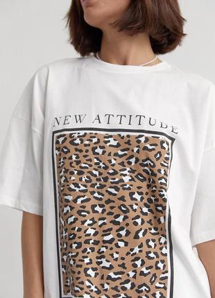 Накладний платіж ❤ турецька оверсайз бавовняна подовжена футболка з леопардовим принтом1 фото