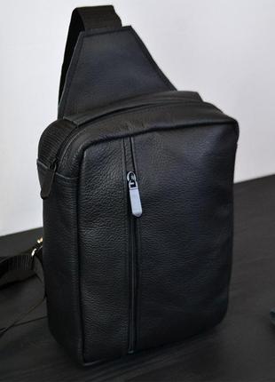 Сумка мужская - кожаная, нагрудная сумка слинг кожаная черная на 3 кармана3 фото