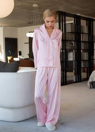 Шовкова рожева піжама в полоску рубашка і штани, піжама шовк у смужку рожева, домашній шовковий піжамний костюм полоска8 фото