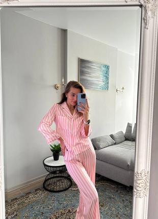 Шовкова рожева піжама в полоску рубашка і штани, піжама шовк у смужку рожева, домашній шовковий піжамний костюм полоска9 фото