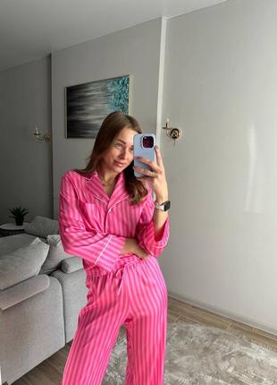 Шовкова рожева піжама в полоску рубашка і штани, піжама шовк у смужку рожева, домашній шовковий піжамний костюм полоска2 фото