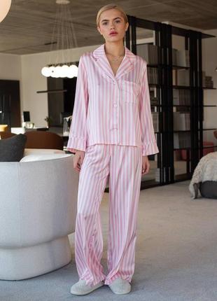 Шовкова рожева піжама в полоску рубашка і штани, піжама шовк у смужку рожева, домашній шовковий піжамний костюм полоска6 фото