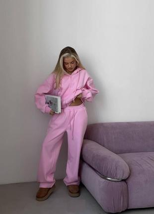 Костюм спортивный женский теплый на флисе оверсайз худи с капишоном с карманами на молнии брюки свободного кроя на высокой посадке качественный розовый3 фото