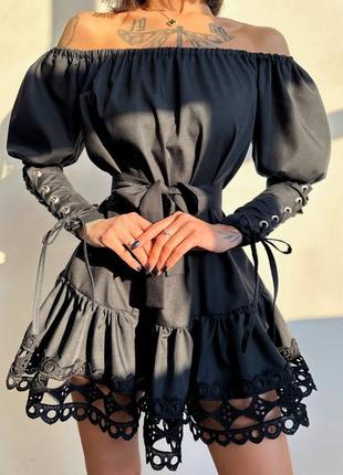 Хлопковая мини-платье с кружевом9 фото