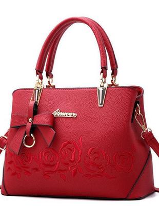 Женская сумка с цветами красный2 фото