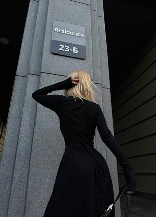 Трикотажна  сукня міді на спині має шнурівку,колір: чорний, малина та шоколад8 фото