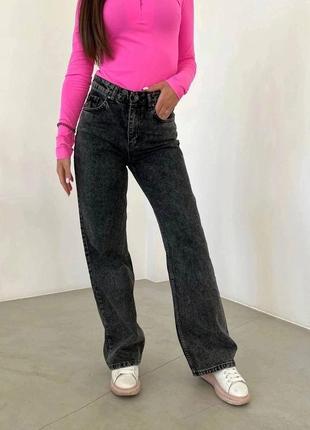 Джинсы плотный стрейч джинс серые широкие прямые палаццо брюки высокая посадка завышенная талия1 фото