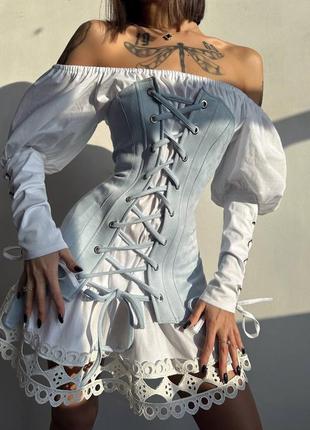 Вишуканий комплект сукня з мереживом + замшевий корсет на зав'язках, бавовняна сукня з перфорацією