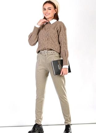 Теплые бежевые кашемировые брюки с широким поясом2 фото