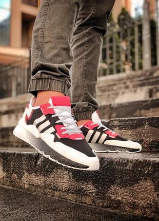 Круті чоловічі кросівки adidas nite jogger чорно-білі з червоними вставками рефлективні