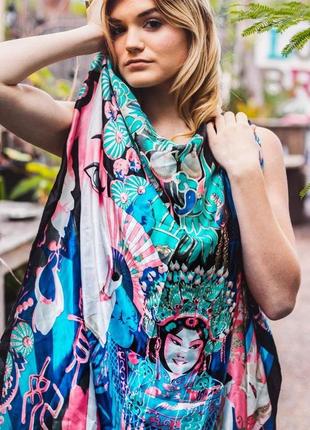 Нереально красивый подписной шелковый платок гейши vintage silk asian scarf by a. shou