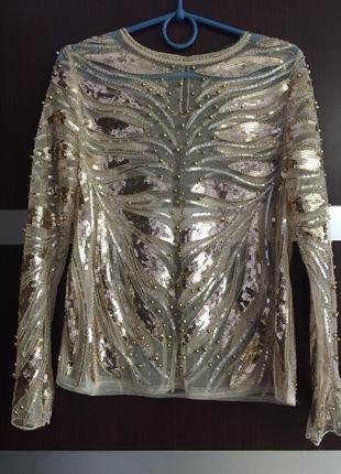 Шикарна шифонова напівпрозора блузка розшита паєтками намистинками та бісером