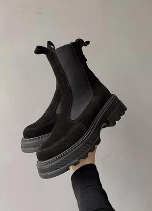 Сапоги челси утепленные зимние на натруальном меху женские замшевые черные грубая подошва