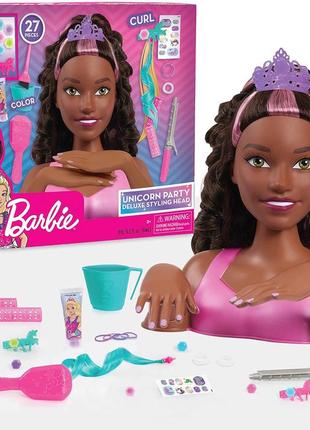 Маникен для причесок barbie unicorn party 27-piece deluxe styling head, dark brown hair