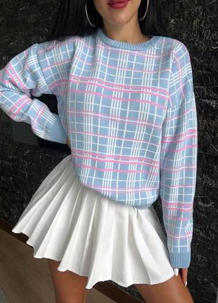 Шикарный тёплый свитер джемпер в клеточку кофточка блуза водолазка гольф чёрный розовый голубой бирюзовый вязаной шерстяной базовый1 фото