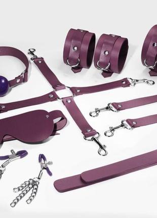 Набор feral feelings bdsm kit 7 burgundy, наручники, поножи, коннектор, маска, падл, кляп, зажимы