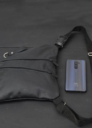 Сумка мужская на 3 кармана, из натуральной кожи, слинг нагрудный черный2 фото