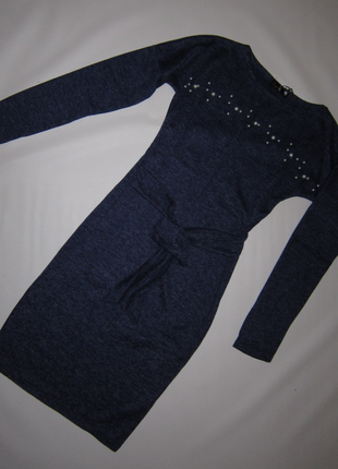 Новое теплое синее платье с поясом1 фото