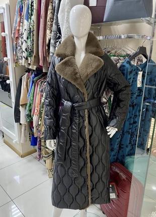 Alberto bini зимнее пальто макси коричневое пальто женское зимнее пальто с норкой7 фото