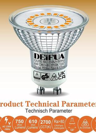 Светодиодная лампа deifua gu10, белый 750 люмен теплый, 6 вт, эквивалент 75 вт, упаковка из 6 шт.2 фото