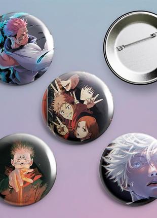 Закатні значки аніме магічна битва jujutsu kaisen металеві на шпильці 56 мм х 4 штуки