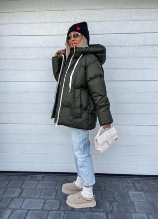 Куртка женская зимняя оверсайз на молнии с карманами качественная стильная теплая хаки2 фото