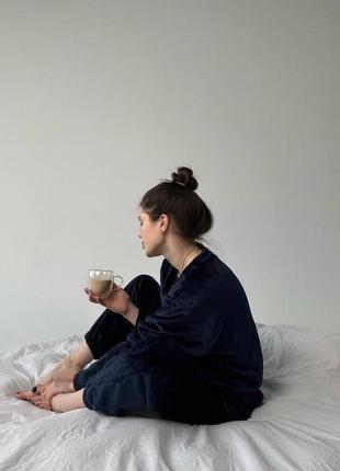 Велюровая пижама комплект для сна и дома кофта свободного кроя лонгслив брюки джоггеры костюм теплый бежевый коричневый синий розовый2 фото