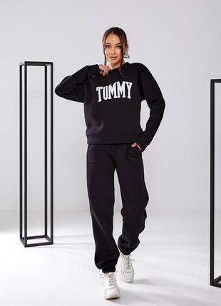 Спортивний костюм tommy на флісі кофта вільного крою світшот штани джогери комплект теплий стильний базовий чорний сірий рожевий бежевий