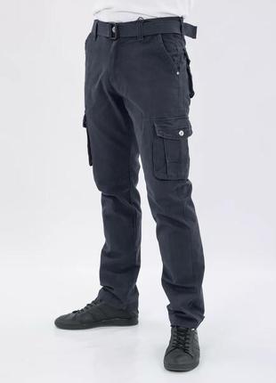 Чоловічі прямі штани карго з ременем, сіро сині1 фото
