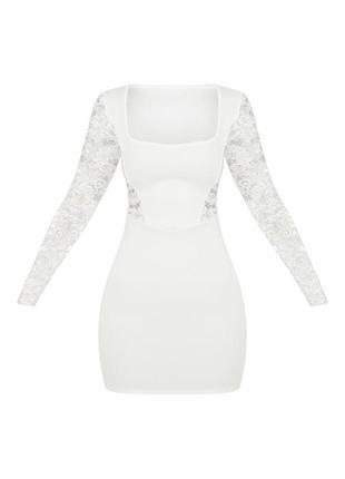 Белое платье с квадратным вырезом и гипюровыми рукавами3 фото