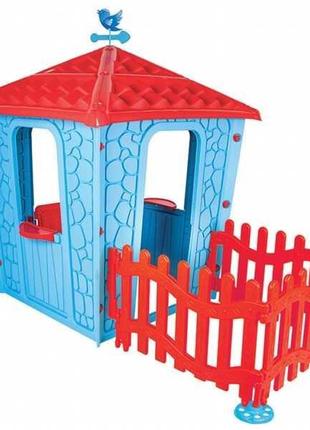Игровой домик с оградой pilsan stone 06-443  голубой, высота 1.5 м, длина с забором1.8 м, в коробке