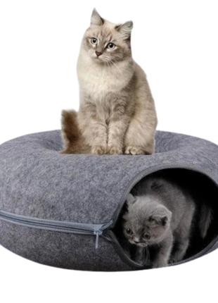 Лежанка домик для котов 2в1 капсула царапка твидовая мягкая 60 см темно серая hs-601 фото