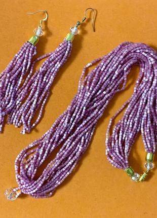 Многорядное винтажное бисерное ожерелье из сатинового бисера-рубки. гарнитур с серьгами4 фото