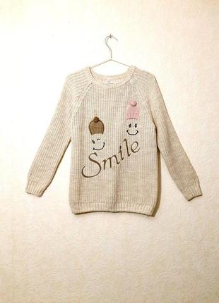 Darling (турция) кофта-реглан бежевая женская + нюанс, вязаная тёплая деми/зима джемпер с нашивками