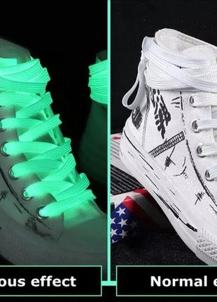 Флуоресцентные шнурки 140 см. фликер на кроссовки кеды ботинки белые рефлективные светящиеся в темноте8 фото