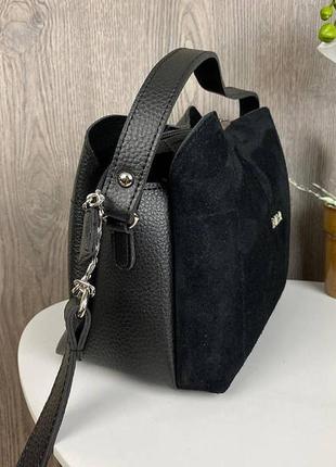 Супер модная женская мини сумочка на плечо натуральная замша + эко черная кожа, качественная сумка для девушек5 фото