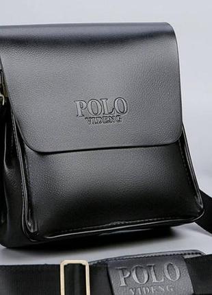 Стильна і зручна сумка-планшет чоловіча polo екошкіра, чоловіча сумка через плече шкіряна барсетка планшетка поло чорний2 фото