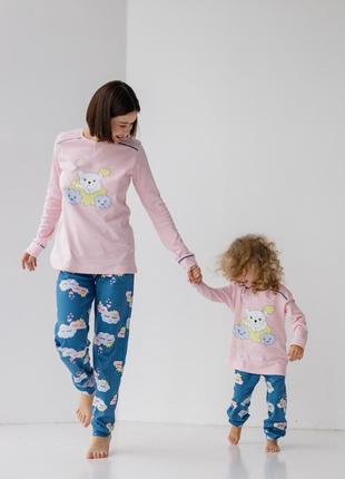Жіноча піжама інтерлок — ведмедик у хмарах family look мама/дочка