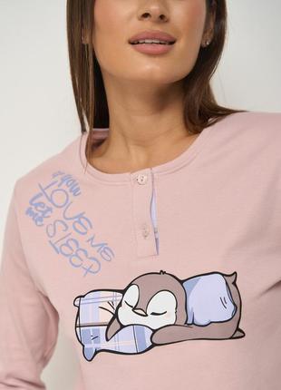 Женская пижама  со штанами  спяший пингвин - family look  мама/дочка интерлок5 фото