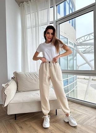 Штаны джогеры спорт на резинке накладные карманы низ на резинке с фиксатором ткань трехнить пенье турция