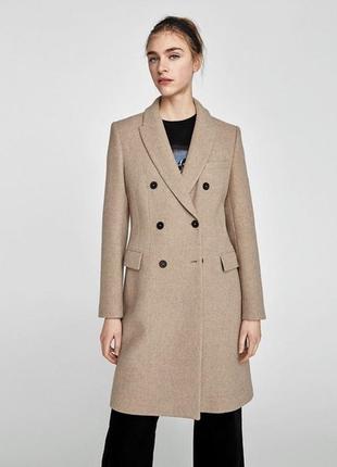 Zara двубортовое пальто, шерстяное пальто , пальто цвета кемел