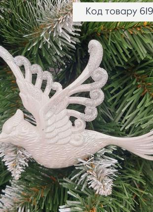 Новогодняя фигура блеск птичка серебро, 13*9см, игрушка на елку, украина