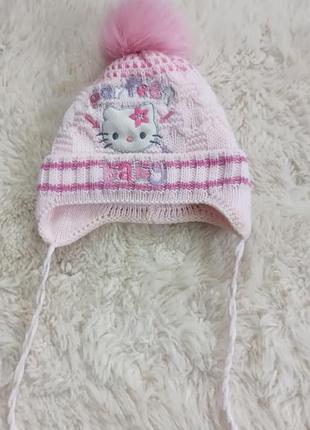 Рожева шапка hello kitty з флісовою підкладкою для дівчинки 1-2 роки