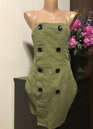Хаки мини платье с пуговицами бюстье коттон